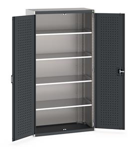 Heavy Duty Bott cubio cupboard with perfo panel lined hinged doors. 1050mm wide x 525mm deep x 2000mm high with 4 x100kg capacity shelves.... Bott Industial Tool Cupboards with Shelves
